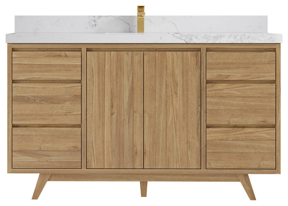 Madison  Teak 60 Single Bathroom Vanity Golden Teak 2" Calacatta Nuvo