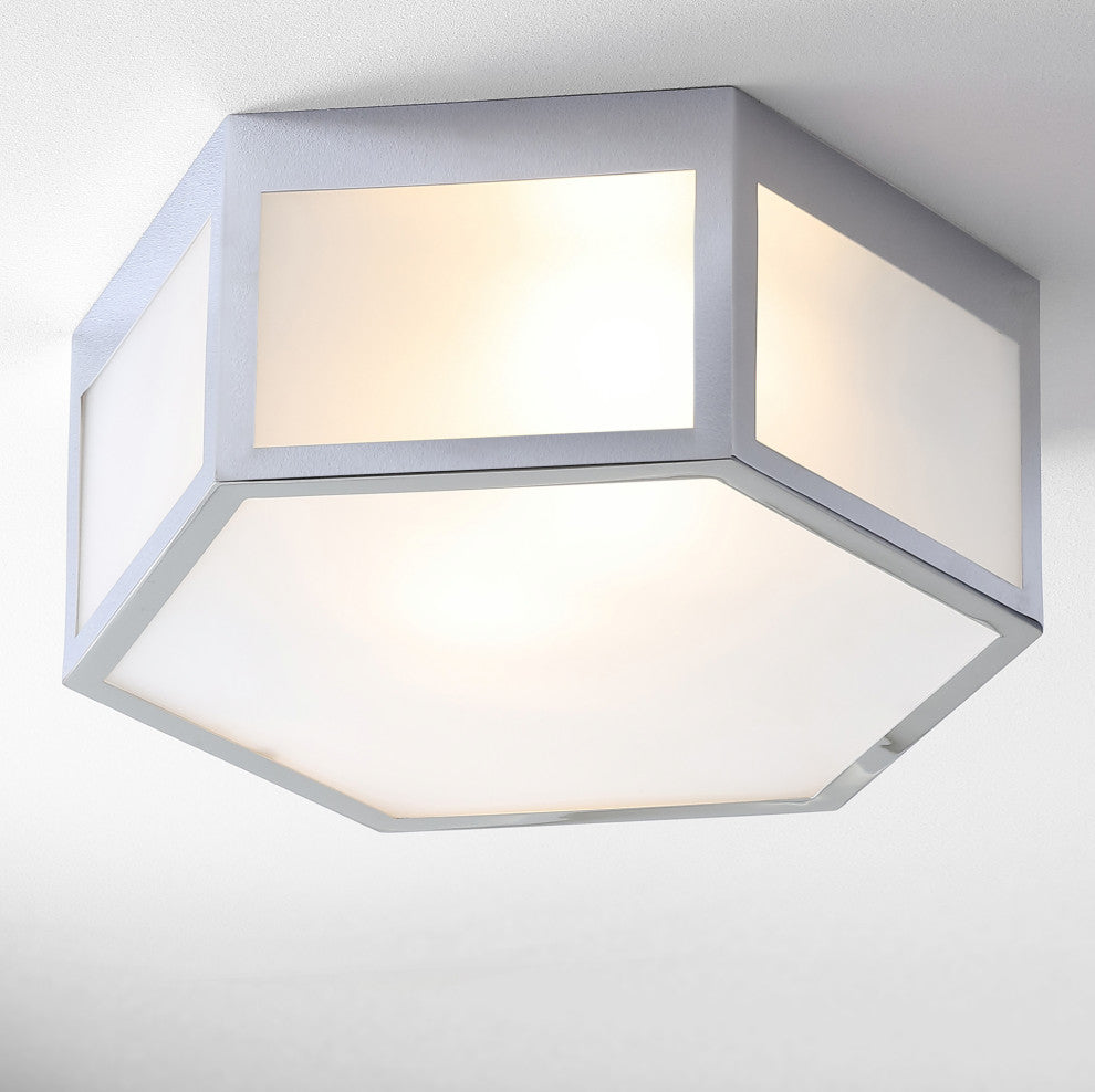 Minimo Hexagon Metal and Frosted Glass LED Flush Mount, Chrome, Width: 15.75"