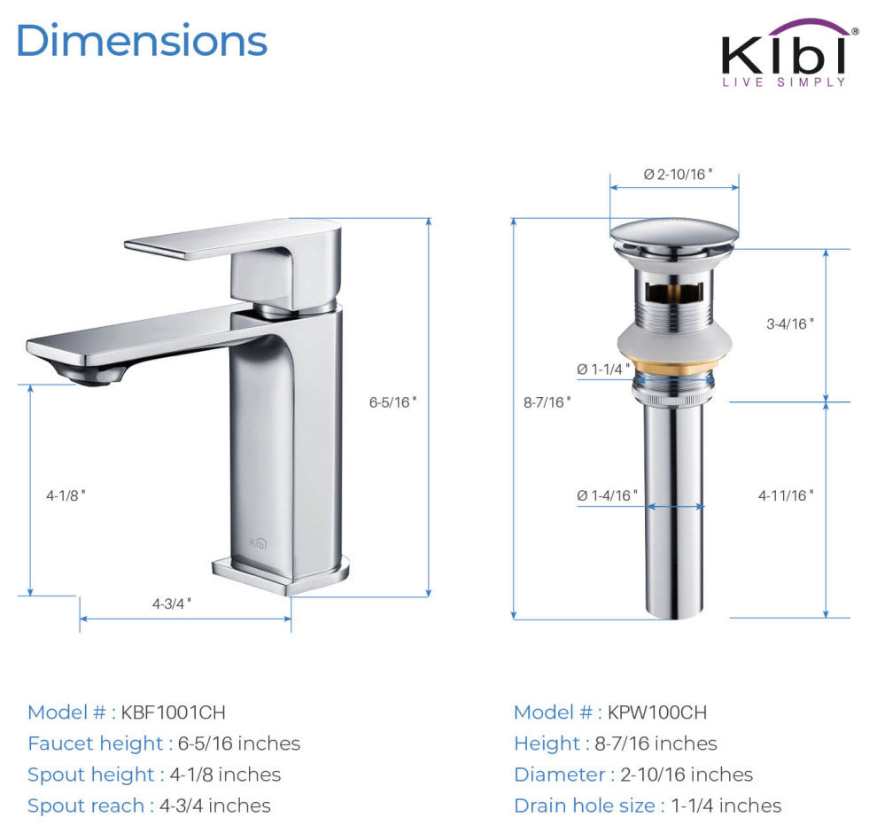 KIBI Mirage Single Handle Bathroom Faucet, Chrome, With Drain