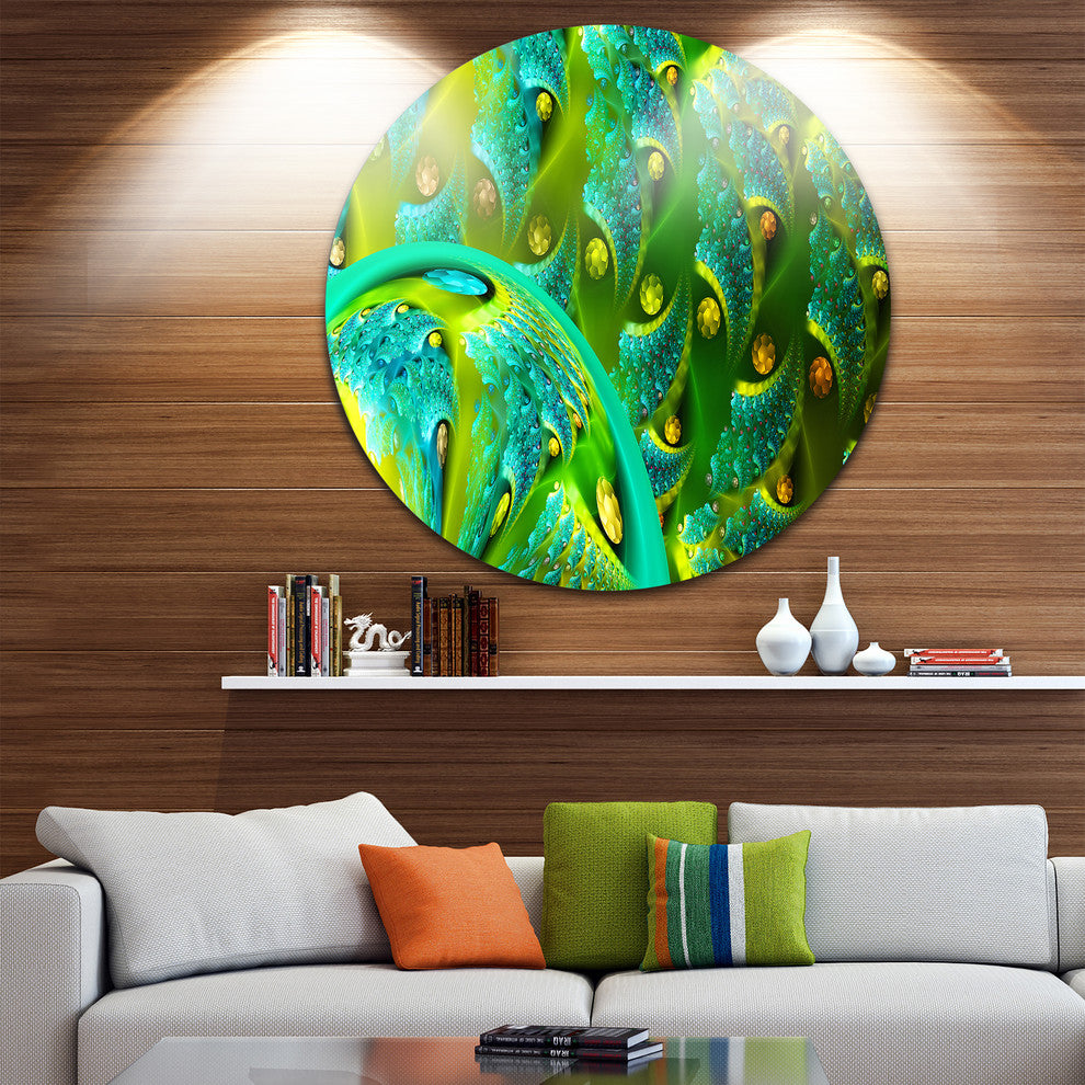 Vibrant Green Fractal Flower Pattern, Abstract Disc Metal Wall Art, 23"