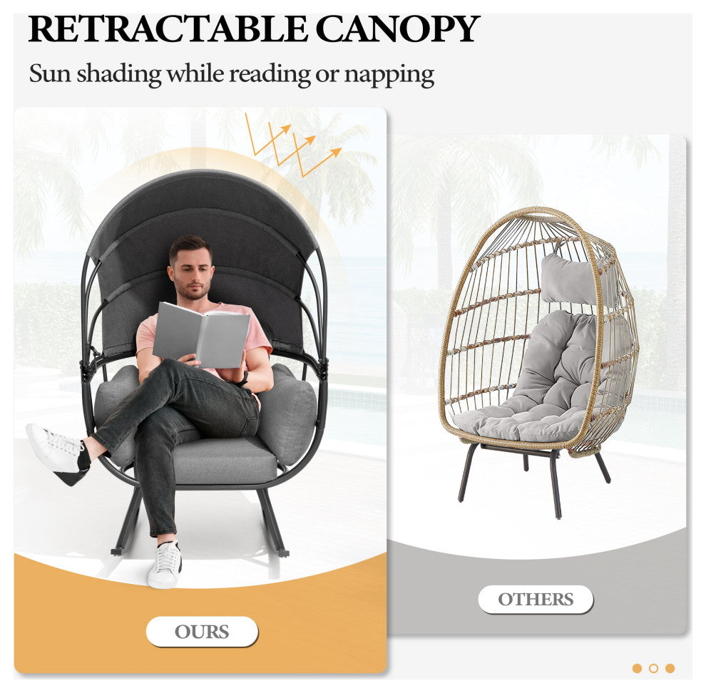 Egg Chair Outdoor Aluminum Rocking Lounge With Folding Canopy in Gray Finish, Gray