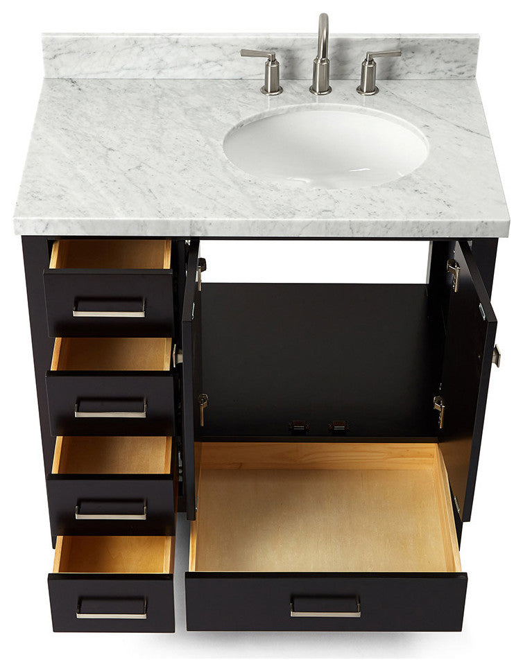 Cambridge 37" Bath Vanity With Marble Top, Carrara White/White Basin