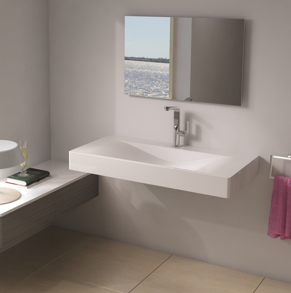 ADM Rectangular Wall Mounted Sink, White, 39", Glossy White