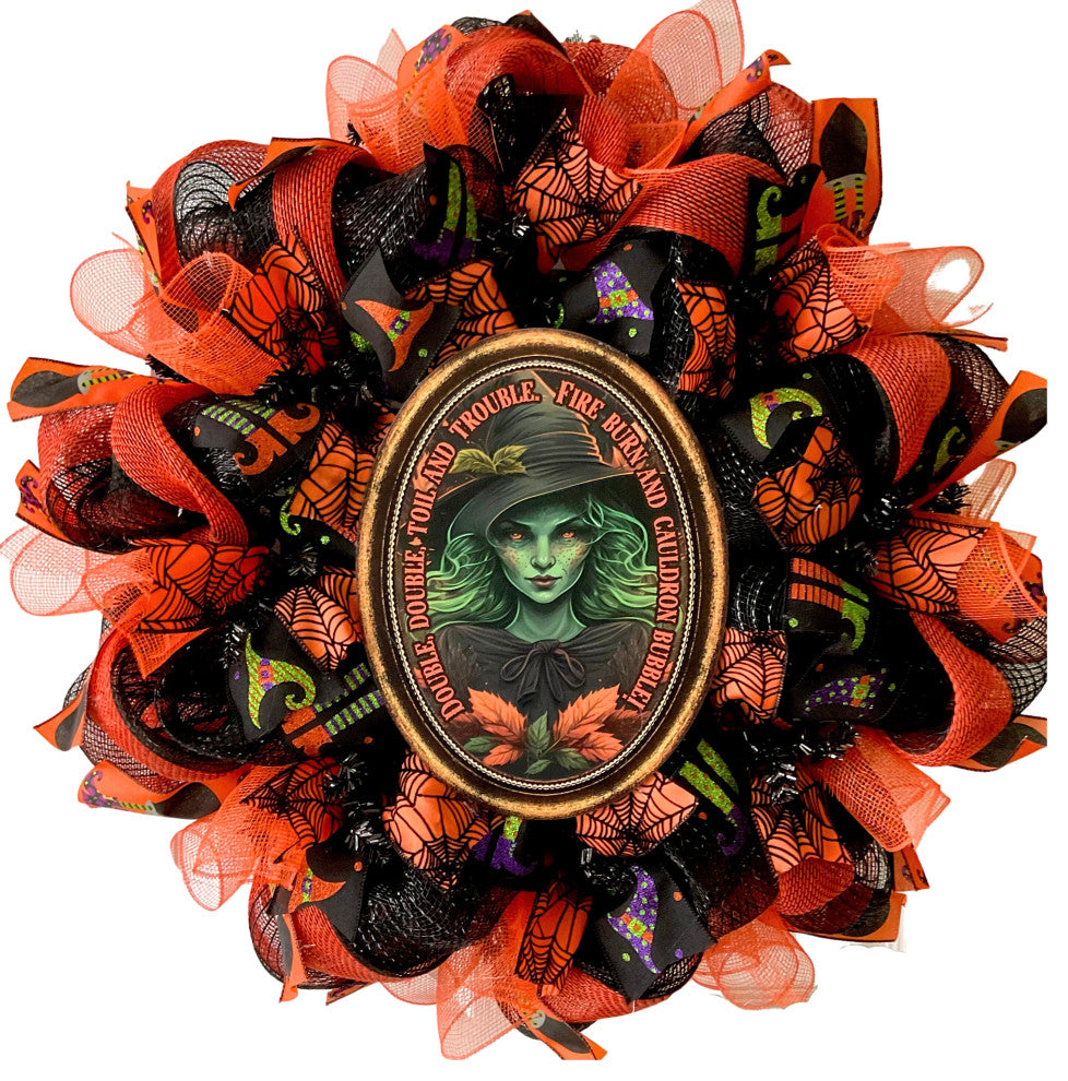 Double Double Toil and Trouble Witch Halloween Deco Mesh Wreath 24 and 28 inch, Extra Large