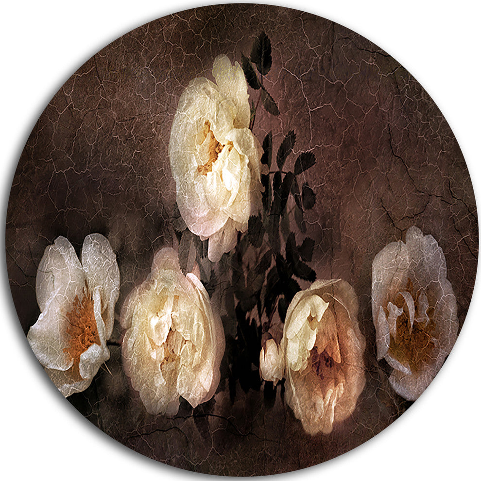 Wild Roses In Old Painting Style, Floral Round Metal Wall Art, 23"
