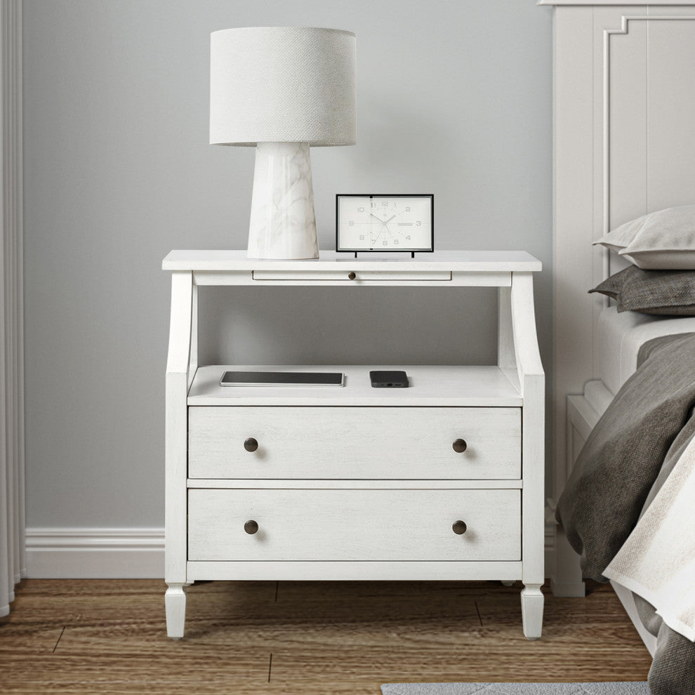Drawer Nightstand With Built-In Outlets, Set of 2, White