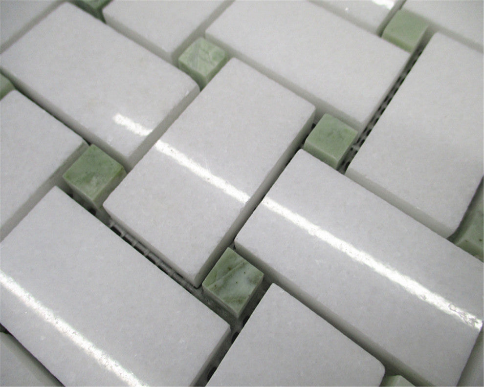 Thassos White Marble 1x2 Basketweave Mosaic Tile / Green Dots Polished, 1 sheet