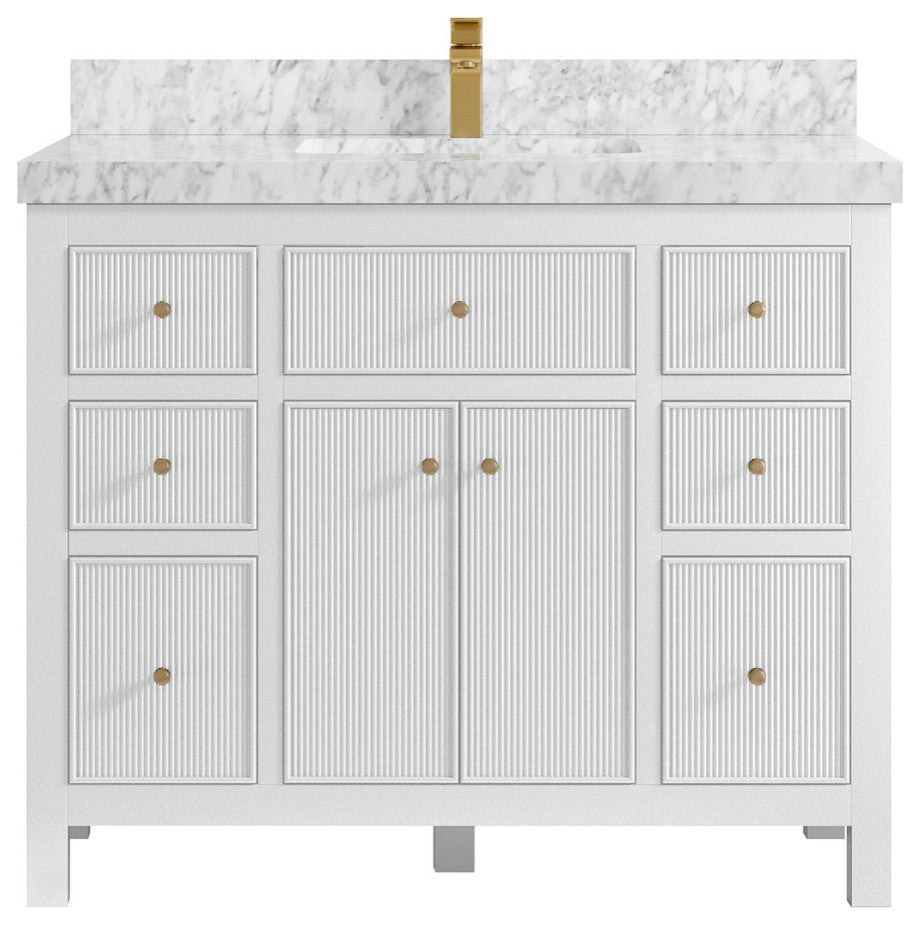 Sonoma 42 Single Sink Reeded Bath Vanity in White 2" Carrara Marble