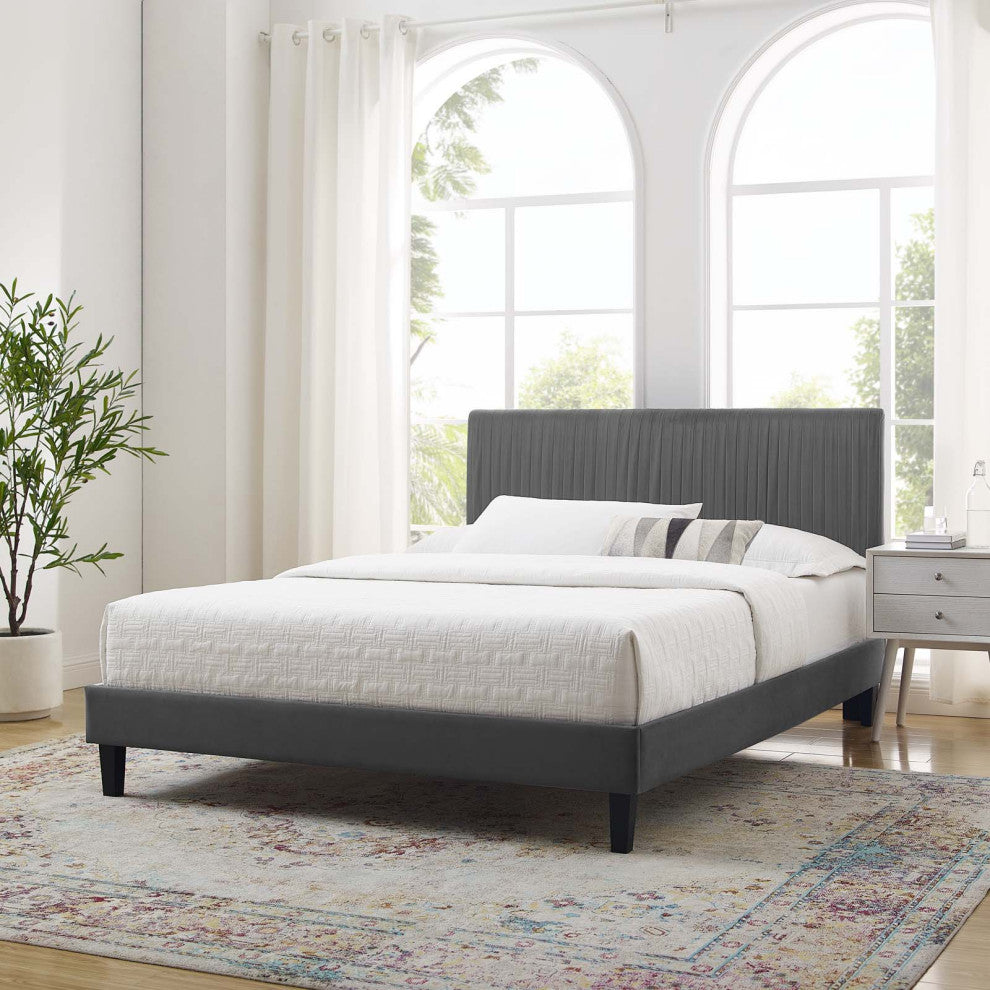 Platform Bed Frame, Twin Size, Velvet, Dark Grey Gray, Modern Contemporary