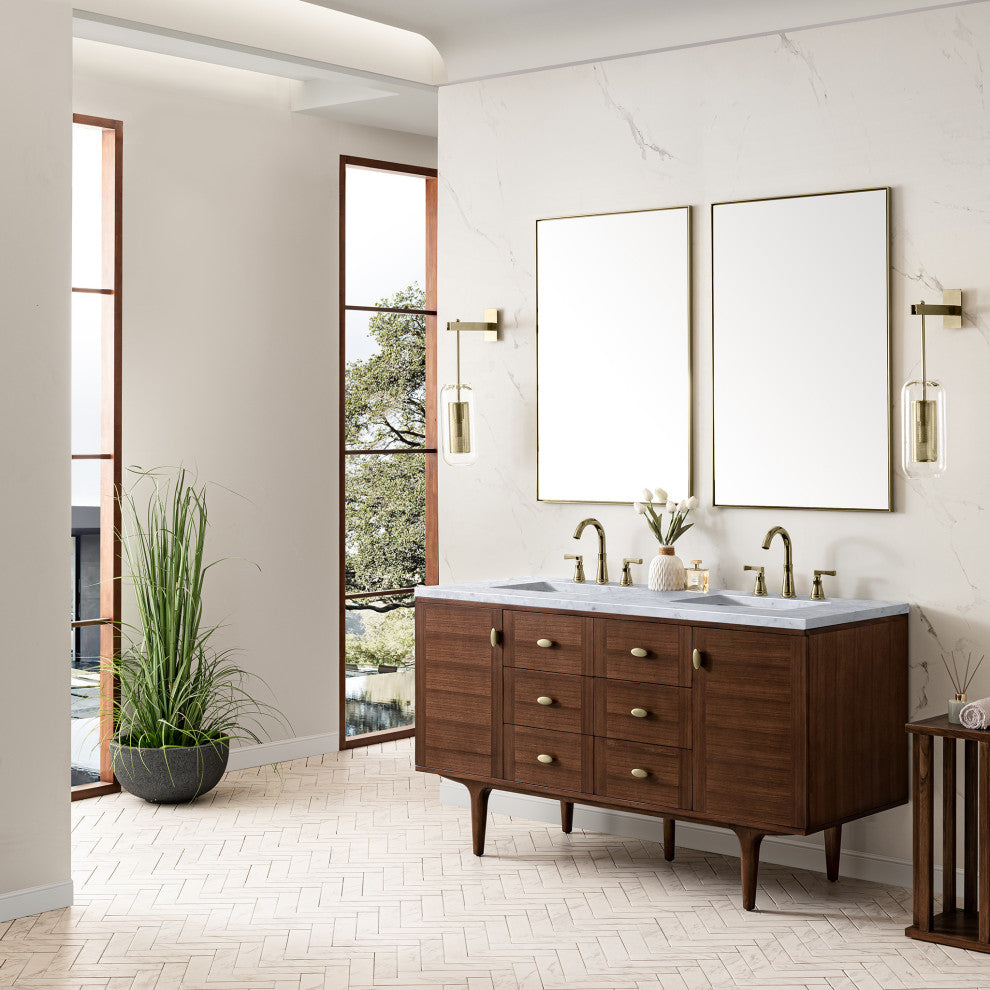 Amberly 30" Single Vanity, Mid-Century Walnut, 60", Carrara Marble, Three-Hole