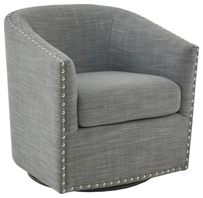 Madison Park Tyler Upholstered Swivel Barrel Chair with Nailheads, Grey