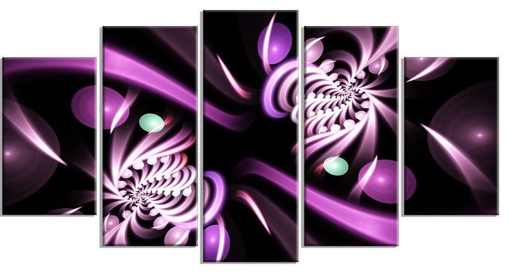 Purple on Black 3D Surreal Art, Large Floral Canvas Art Print, 60"x32", 5 Panels