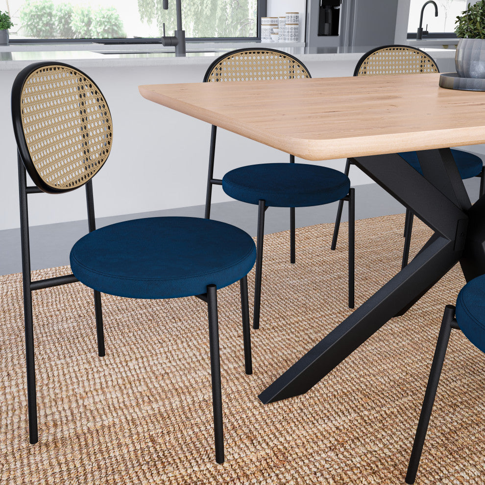 LeisureMod Euston Dining Chair With Wicker Back & Velvet Seat Set of 4, Navy Blue
