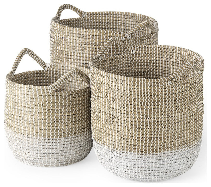 Set of Three Beige and White Storage Baskets
