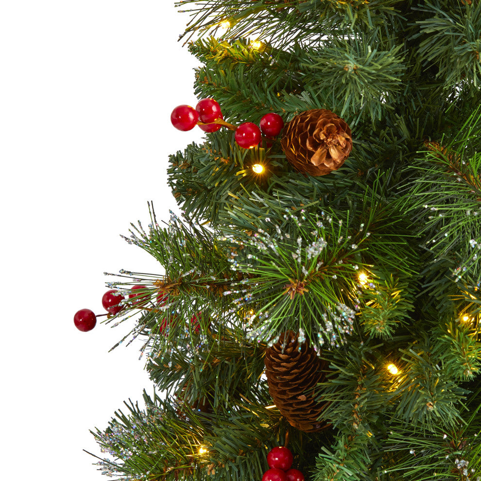 4' Pine, Pinecone & Berries Faux Xmas Tree With 100 Clear Lights, Decorative Urn