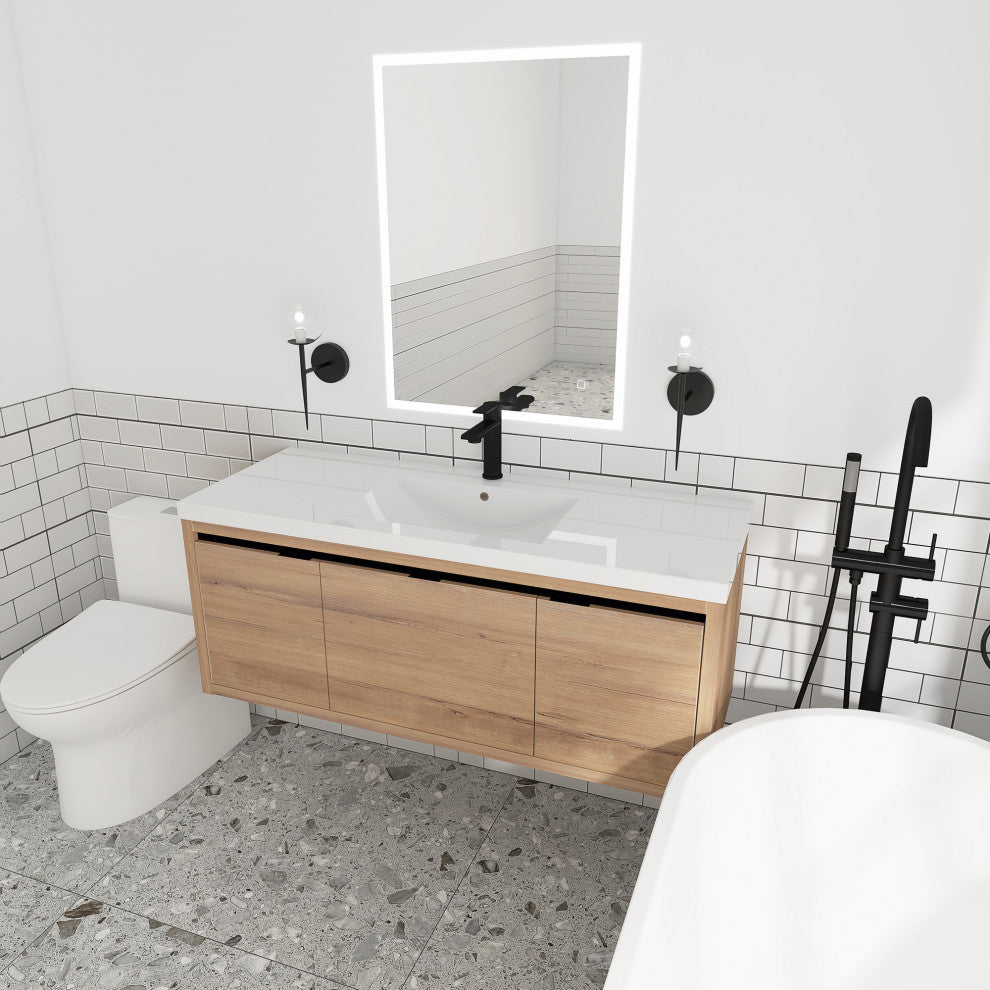 Bathroom Vanity With White Resin Top and Basin, Imitative Oak, 48x18