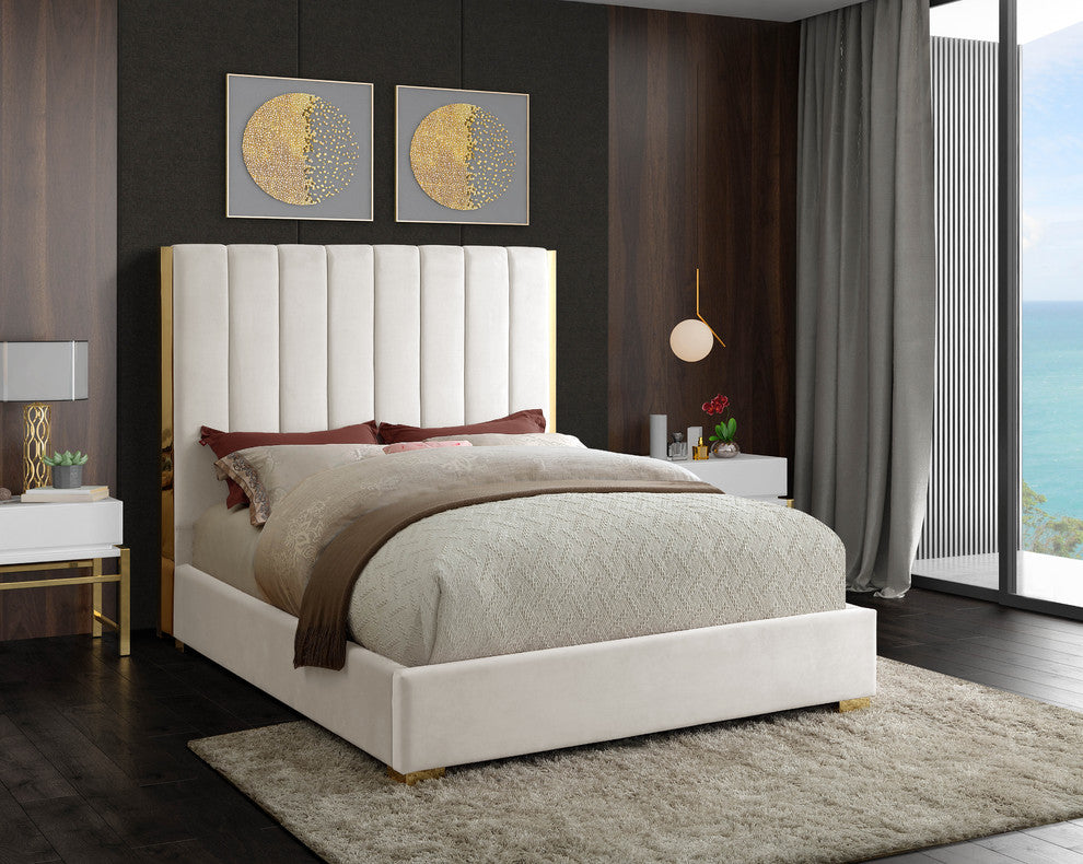 Becca Velvet Upholstered Bed, Cream, Queen