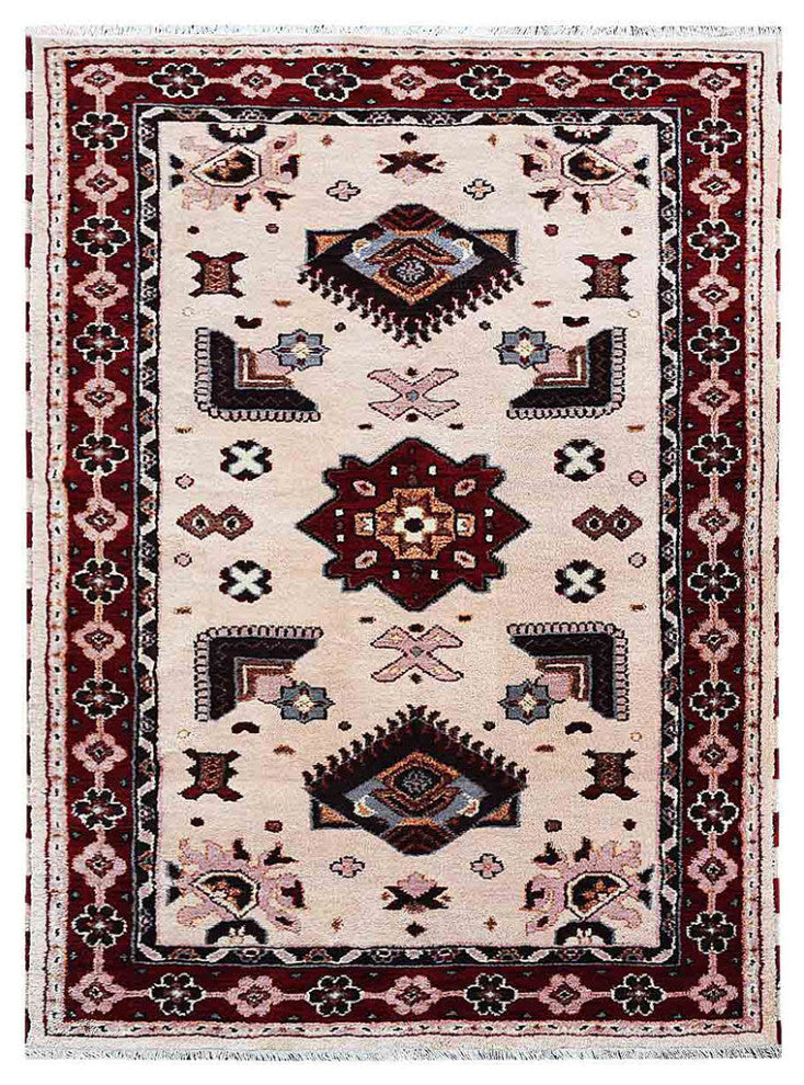 HAND KNOTTED WOOL & SILK ECO-FRIENDLY ORIENTAL AREA RUGS -Rectangle,Cream&Red, [Rectangle] 6'x9'