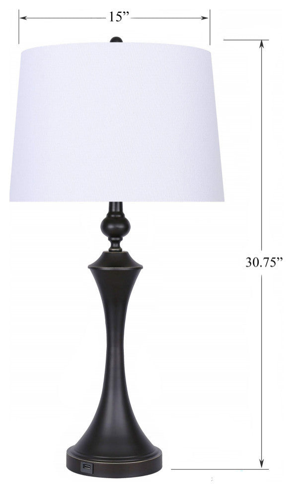 31" Oil-Rubbed Bronze Table Lamps With USB Port, Off-White Linen Shade, Set of 2