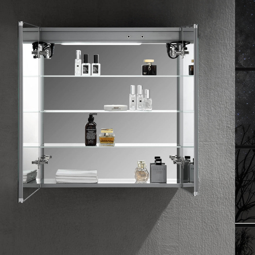 LED Mirror Medicine Cabinet With Defogger, Dimmer and Outlets, 30x32