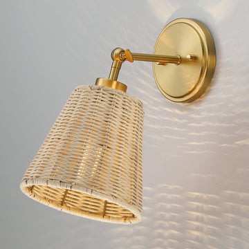 7" W 1-Light Natural Rattan Wall Sconce With Adjustable Swivel Swing Arm, Brass