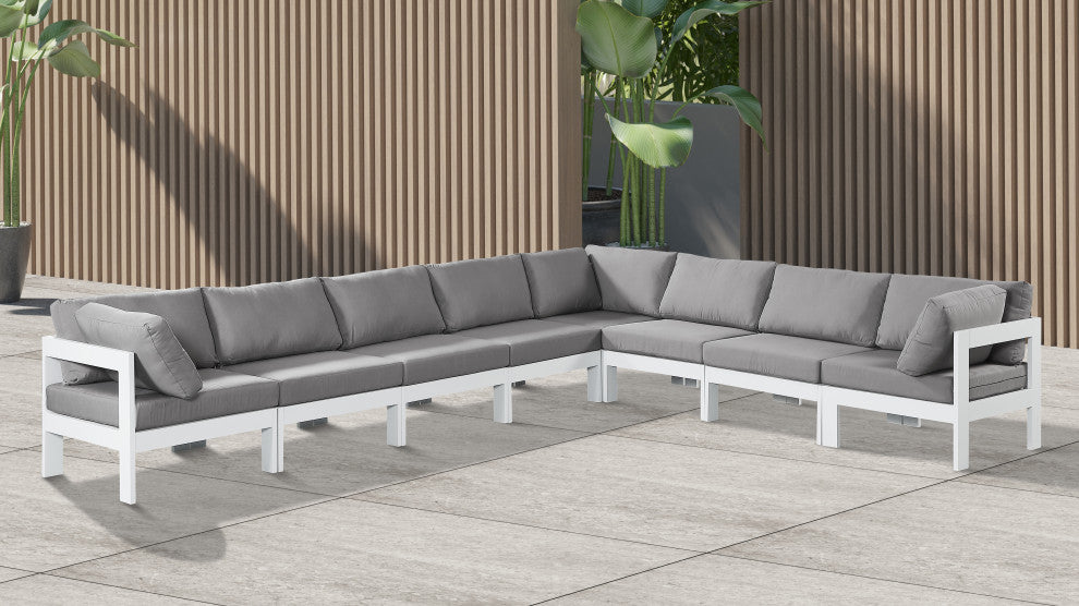 Nizuc Water Resistant Patio L-Shaped Modular Sectional, Gray, 8-Piece: 5 Armless Chair, 3 Corner Chair, White Aluminum Frame