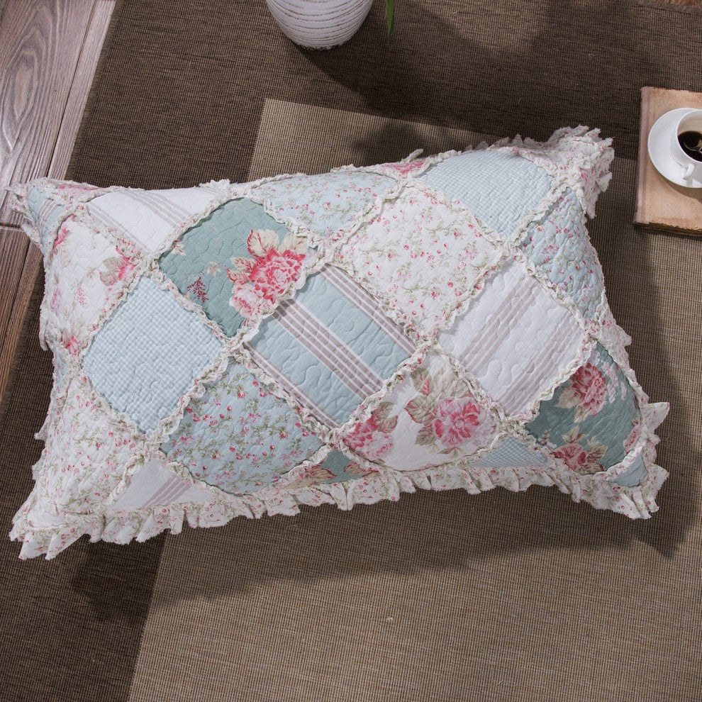 Blue Green Pastel Floral Cotton Patchwork Ruffle Quilted Bedspread Set, Queen