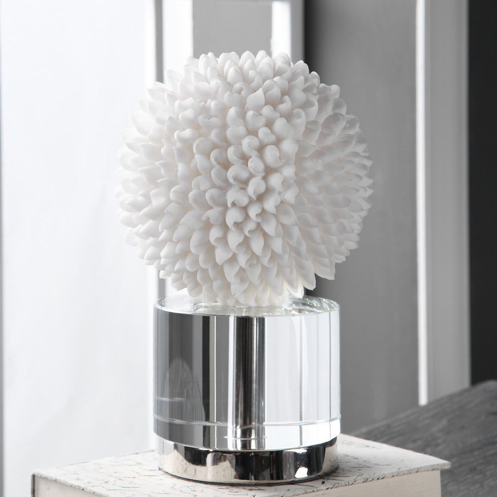 Luxe White Sea Shell Decorative Sphere Sculpture, Crystal Silver Round Ball