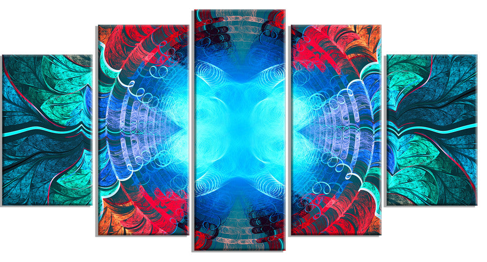 Blue Fractal Circles and Waves, Contemporary Canvas Art Print, 60"x32", 5 Panels