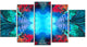 Blue Fractal Circles and Waves, Contemporary Canvas Art Print, 60"x32", 5 Panels
