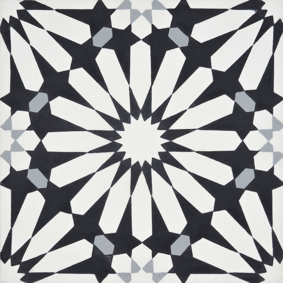 8"x8" Alhambra Handmade Cement Tile, Black-White-Gray, Set of 12