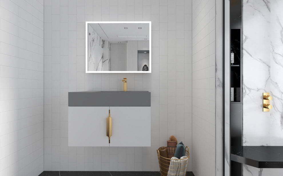 CastelloUSA Amazon 30" Right Wall Mounted Bathroom Vanity Set, White, Gray Top, Gold