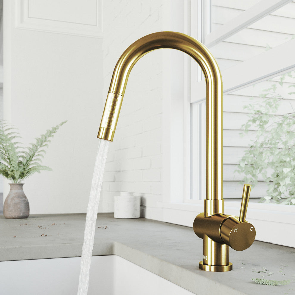 VIGO Gramercy 17" H Single Handle Pull-Down Sprayer Kitchen Faucet, Matte Brushed Gold, No Sensor, Without Extras