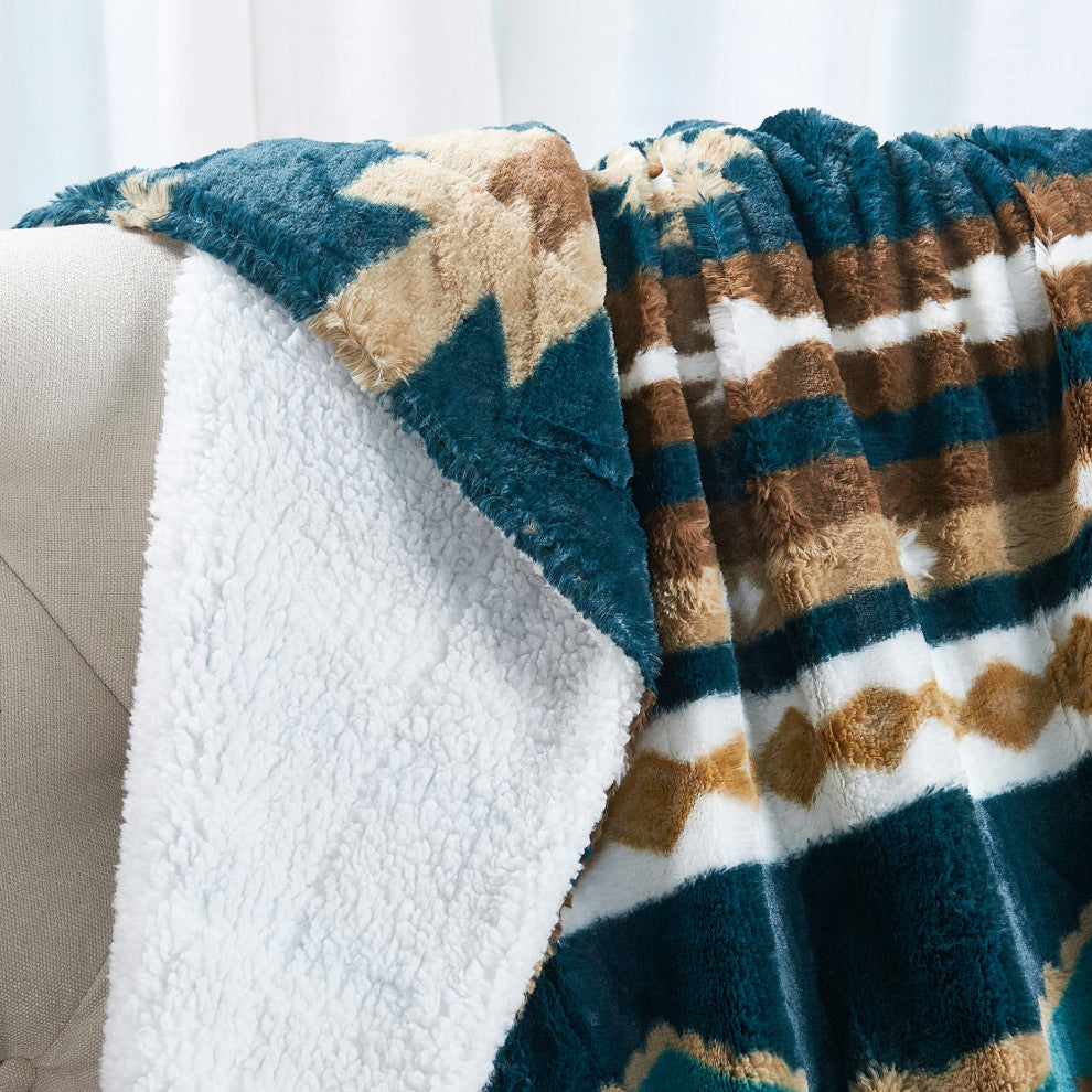 Southwest Faux Fur & Sherpa Backing Throw Blanket, Deep Teal, 50" X 60"