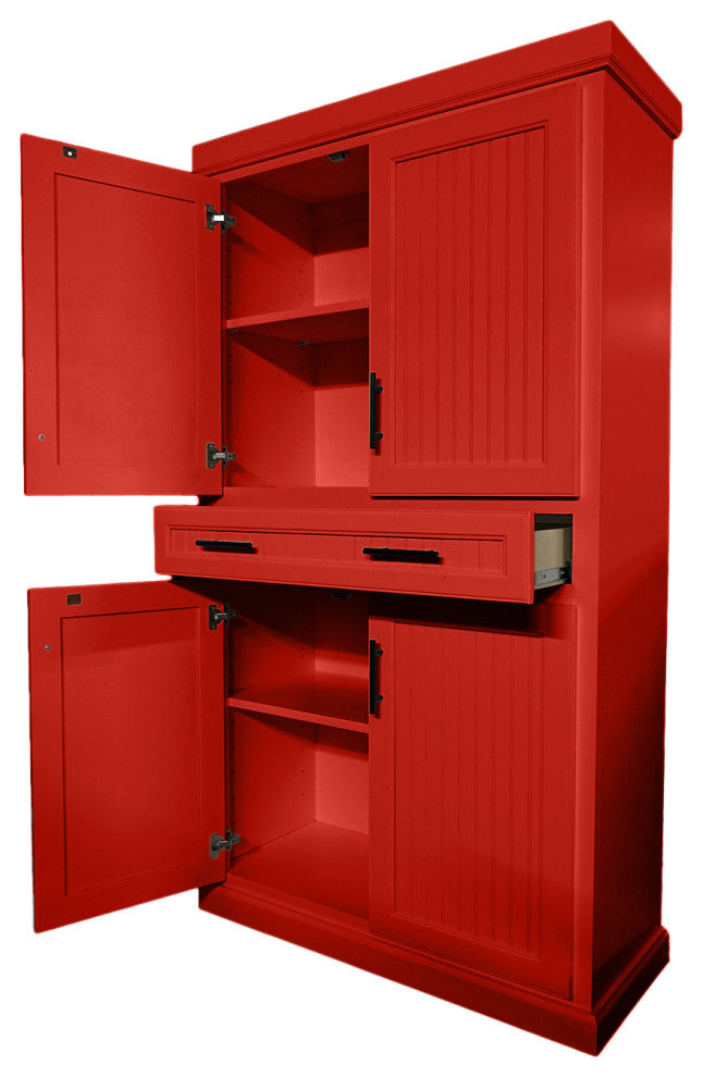 Extra Wide Coastal Kitchen Pantry Cabinet, Persimmon Red