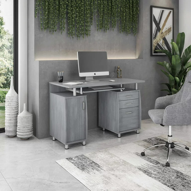 Modern Desk, Floating Top With Keyboard Tray & Plenty Storage Space, Gray