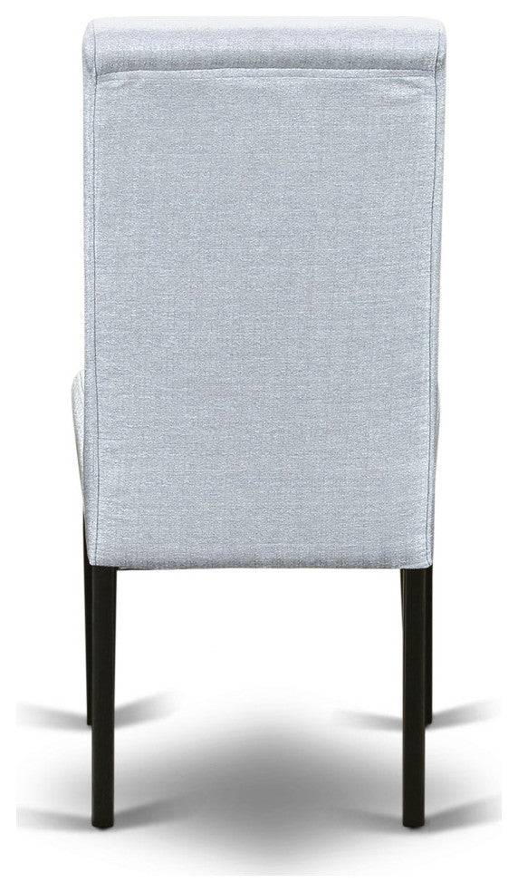 5Pc Small Round Table, Grayish Blue Fabric Parson Chairs, Black Chair Legs