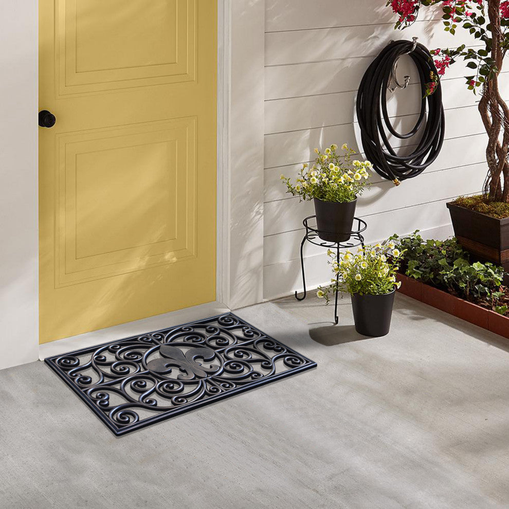 Outdoor Mat, Natural Rubber, 18"x30" Heavy Duty Doormat, Bronze Fleur-De-Lis