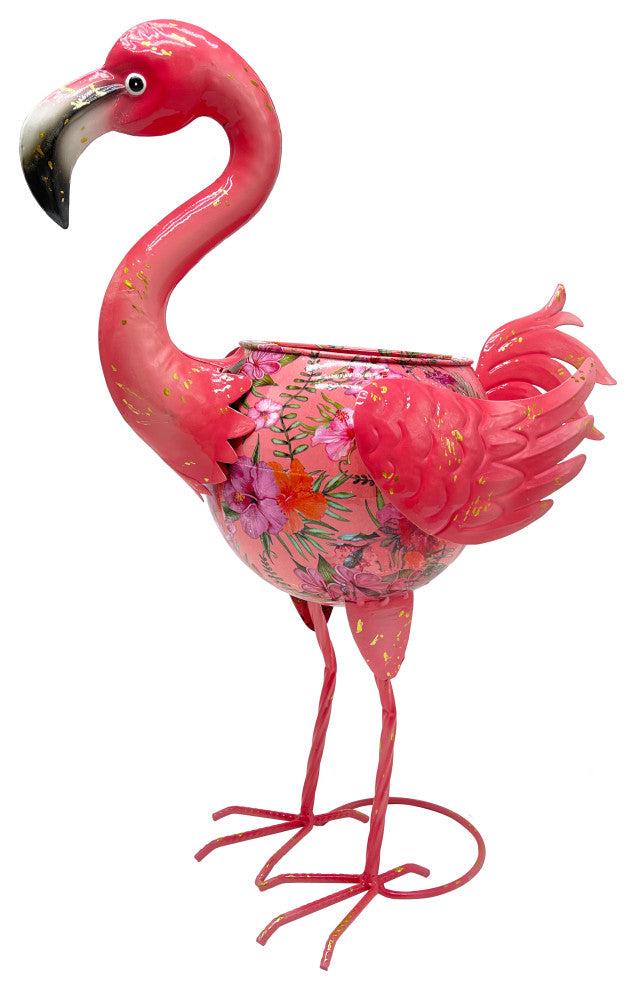 Metal Flamingo Planter Flower Pot with a Floral Patterned Body