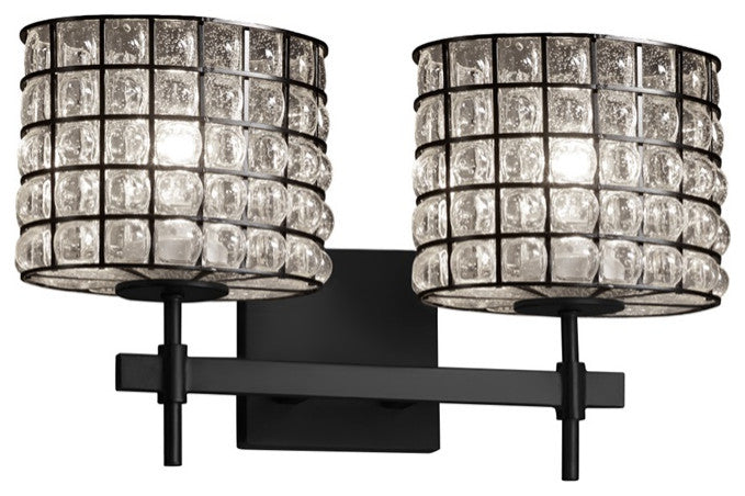 Union 2-Light Bath Bar, Oval Shade, Matte Black, Grid With Clear Bubbles LED