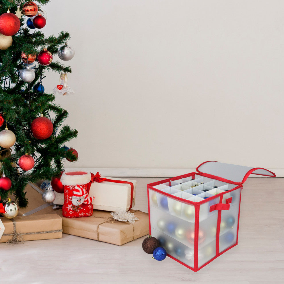 12" Red and Clear Zip Up Christmas Ornament Storage Bag, Holds 64 Ornaments