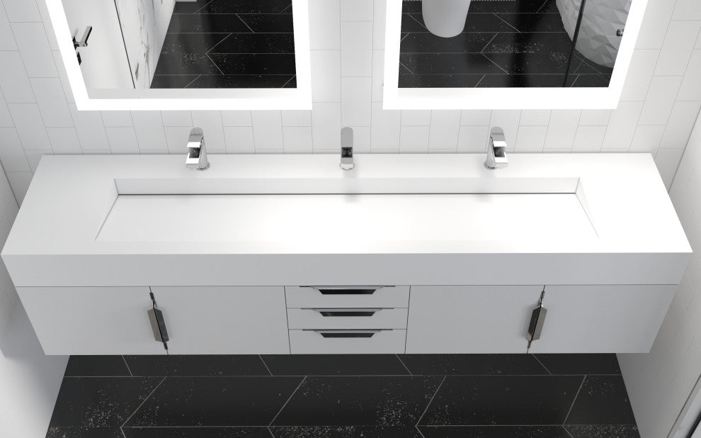 CastelloUSA Nile 84" Wall Mounted Bathroom Vanity Set, White, White Top, Brushed Nickel