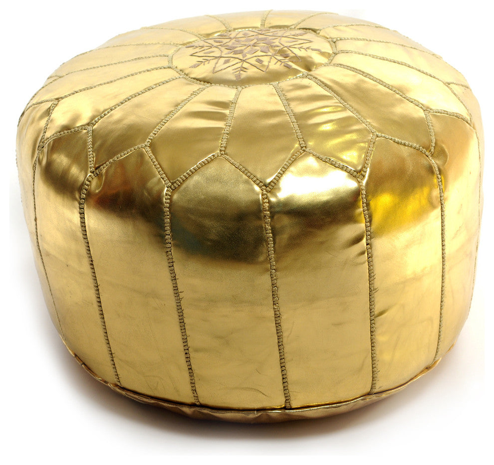 Moroccan Leather Pouf, Gold