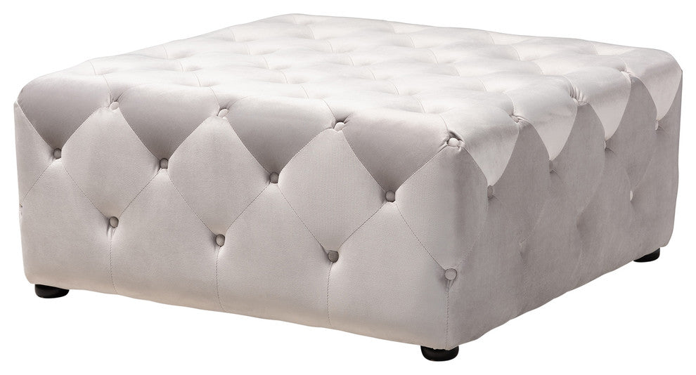 Karson Slate Gray Velvet Fabric Button-Tufted Cocktail Ottoman