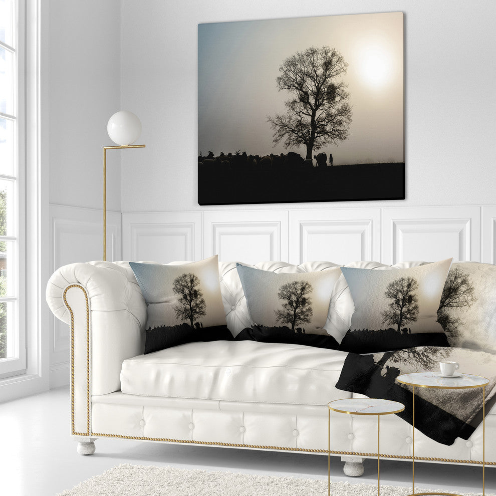 Frosty Spring Morning Sunrise with Tree Landscape Printed Throw Pillow, 18"x18"