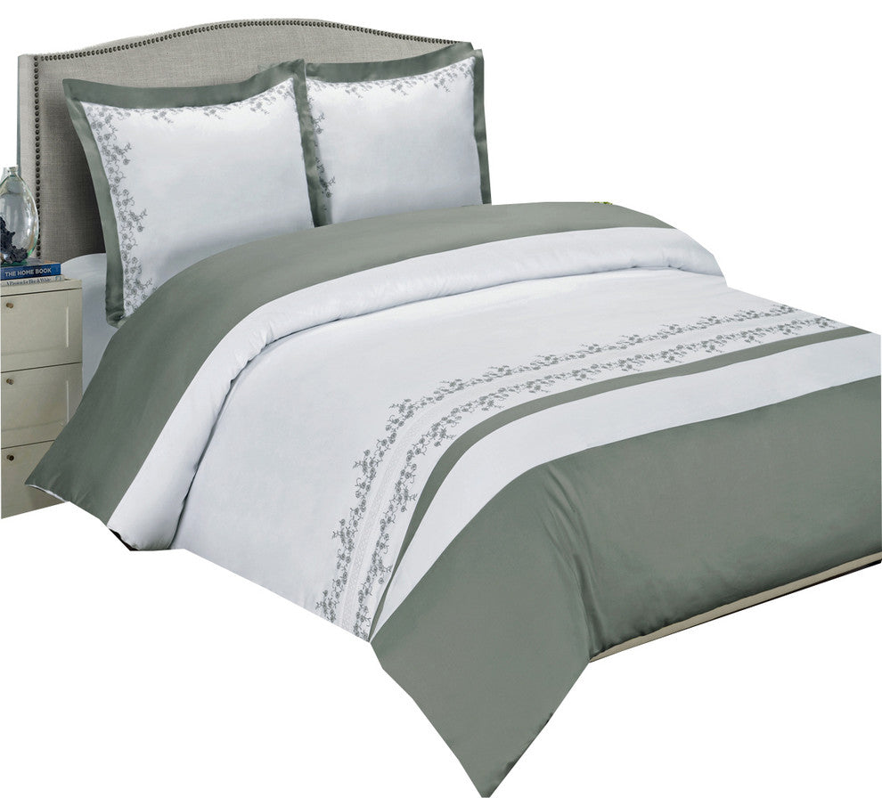 Amalia Cotton Embroidered Duvet Cover Set, Gray and White, Full/Queen