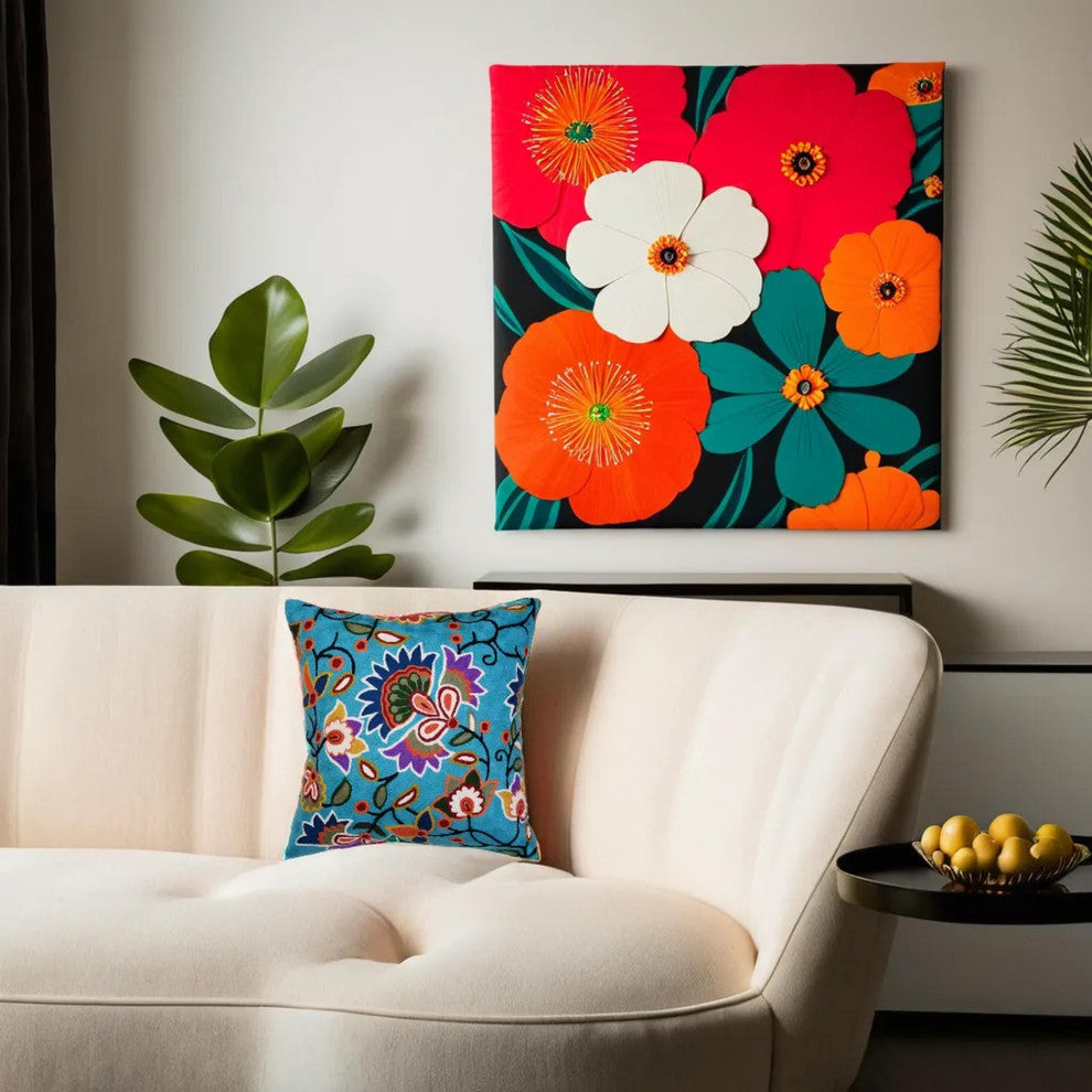 Turquoise Floral Pillow Cover Hand Embroidered Modern Design Wool 18x18