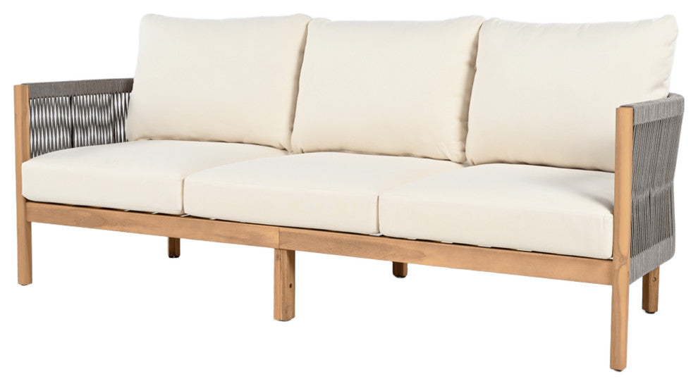 GDF Studio Outdoor 3-Seater Patio Acacia Wood Sofa, Teak/Gray/Beige