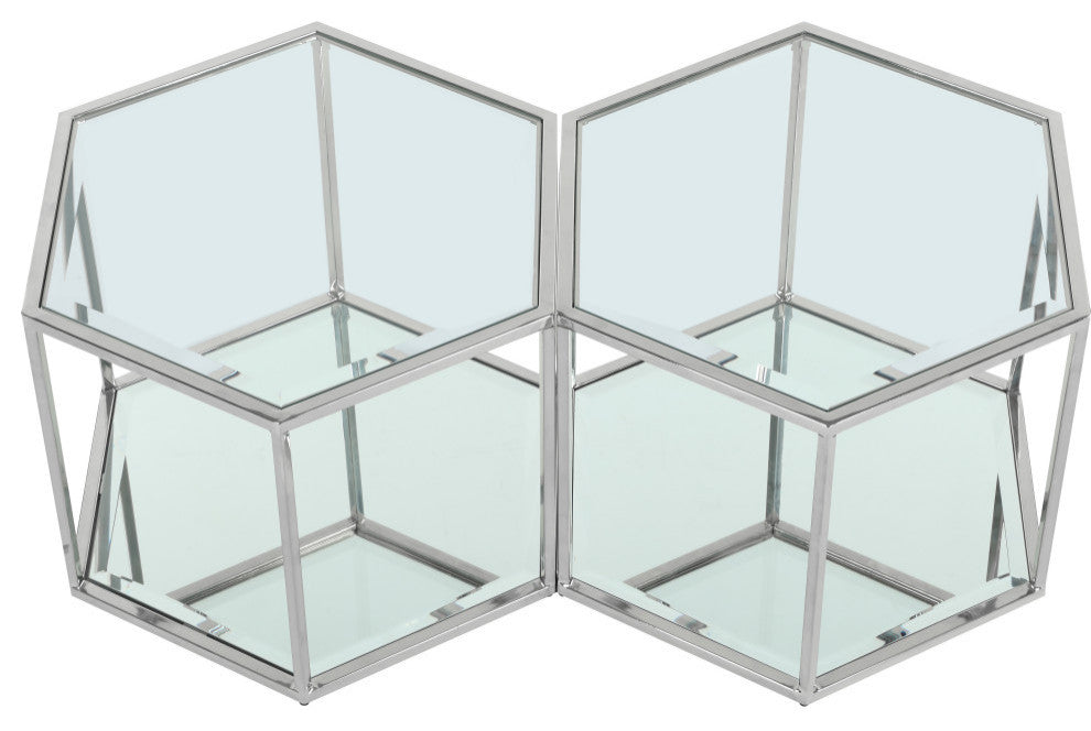 Sei Glass Top Coffee Table With Mirrored Base, Chrome, 2-Piece