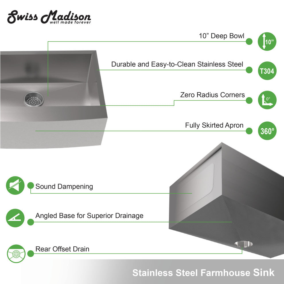 Plaisir 30"x21" Stainless Steel, Single Basin, Farmhouse Kitchen Sink With Apron